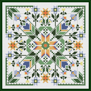 Cross-stitched pattern with geometric floral design on a white background