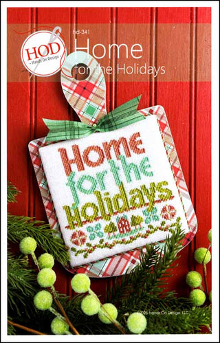 Small Christmas cross-stitch featuring the words “Home for the Holidays” with floral and greenery motifs, finished as a hanging ornament with plaid backing and displayed against a red background.