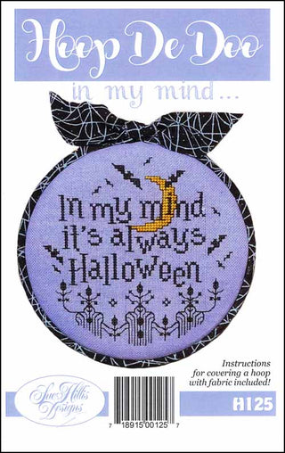 Hoop De Doo cross-stitch kit with purple hoop and Halloween-themed design on a white background