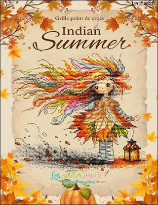 Cross-stitched design of a woman with autumn-themed hair and leaves, standing next to a lantern on a textured fabric background.