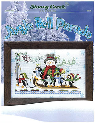 Stoney Creek Jingle Bell Parade cross-stitch pattern with snowman and penguins on a snowy background.