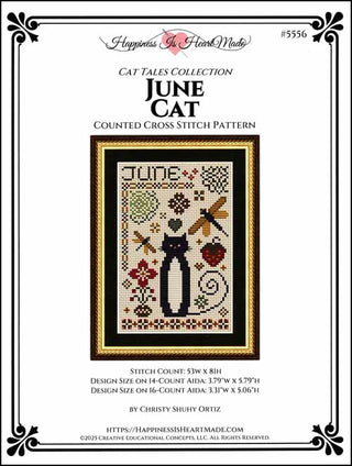 Cross stitch pattern for 'June Cat' from Happiness is a Heart Made, featuring a black cat and various elements.