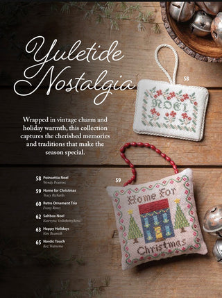 A catalog page for 'Yuletide Nostalgia' showing two finished cross-stitch ornaments on a rustic wooden background, with product titles and a list of included designs on the left side.