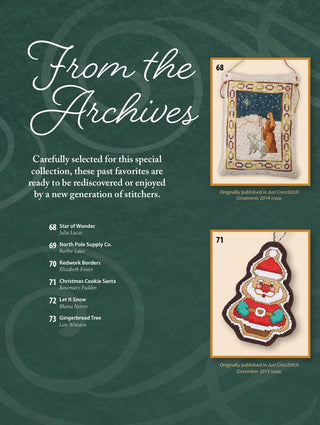 A catalog page titled "From the Archives" on a dark green background, featuring two framed cross-stitch sampler designs. The top-right sampler is labeled 68 and shows a winter scene with a figure; the bottom-right sampler is labeled 71 and shows a Christmas tree motif.