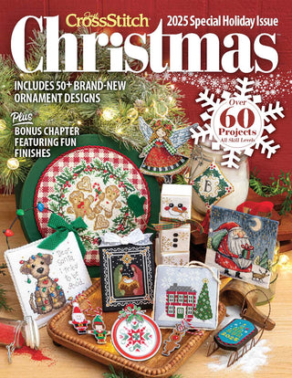Cover of Just CrossStitch Christmas 2025 Special Holiday Edition, featuring festive cross stitch patterns in traditional red, green, and gold holiday colors.