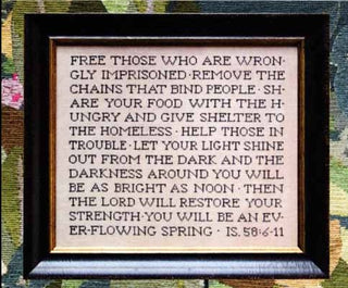 Cross-stitch typography sampler in bold all-caps text featuring Scripture phrases about justice, compassion, and helping others, designed by Heartstring Samplery.