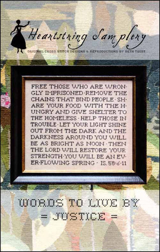 Cross-stitch typography sampler in bold all-caps text featuring Scripture phrases about justice, compassion, and helping others, designed by Heartstring Samplery.