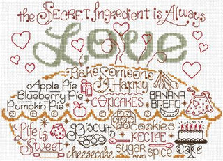 Cross-stitched pattern with text and pie illustrations on a white background
