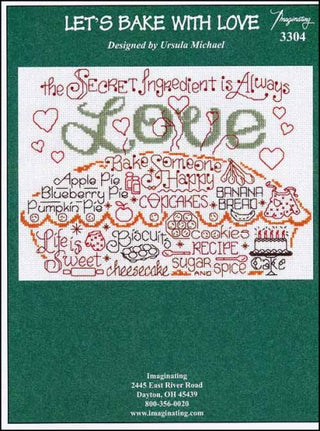 Cross stitch pattern featuring the word “Love” surrounded by baking-themed words, utensils, and decorative motifs in a warm kitchen design.