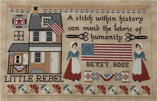 Cross stitch design with American flag, house, and two women, featuring text 'A stitch within history can mend the fabric of humanity'.