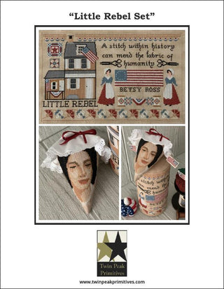 Promotional image for 'Little Rebel Set' with cross-stitch pattern and fabric dolls.