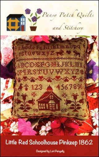 Cover of the cross stitch pattern Little Red  Schoolhouse Pinkeep 1862 by Pansy Patch Quilts and Stitchery.