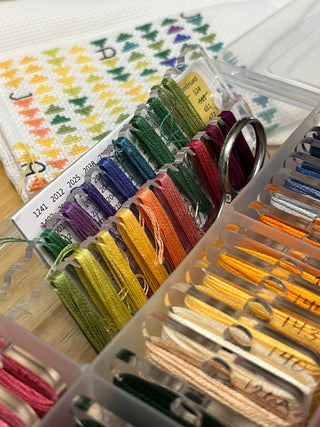Embroidery thread set with colorful threads and a needle case on a wooden surface.