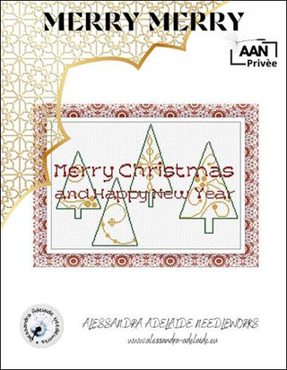 Cross-stitch design featuring four stylized green Christmas trees with gold swirls and ornaments, with the text “Merry Christmas and Happy New Year” stitched in red across the center.