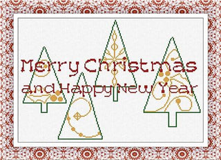 Cross-stitch design featuring four stylized green Christmas trees with gold swirls and ornaments, with the text “Merry Christmas and Happy New Year” stitched in red across the center.