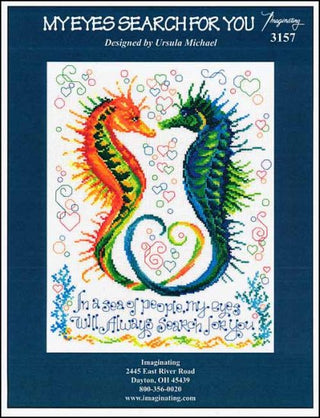Cross stitch pattern featuring two colorful seahorses facing each other with hearts and the quote “In a sea of people my eyes will always search for you.”