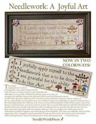 A framed inspirational cross stitch sampler featuring a quote about joyful needlework surrounded by delicate floral and folk-art motifs in soft muted colors, shown in two different colorways.