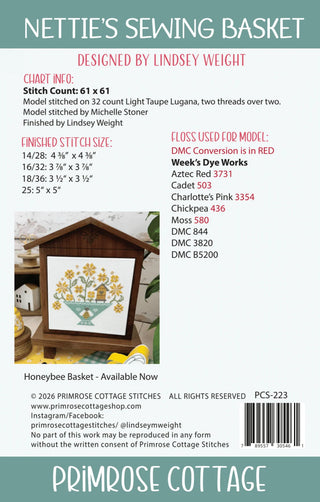 Chart Info for Nettie's Sewing Basket Cross Stitch Pattern with an image of an "also available" chart called Honeybee Basket.  Honeybee Basket chart not included with the Nettie's Sewing Basket pattern.