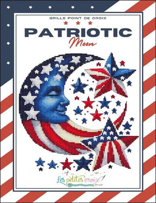 Patriotic-themed cross-stitch pattern with moon, stars, and American flag design on a striped background.
