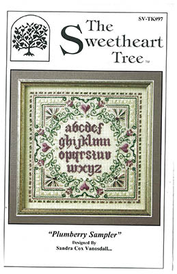 Cross-stitch pattern for 'Plumberry Sampler' by The Sweetheart Tree with decorative border and text.