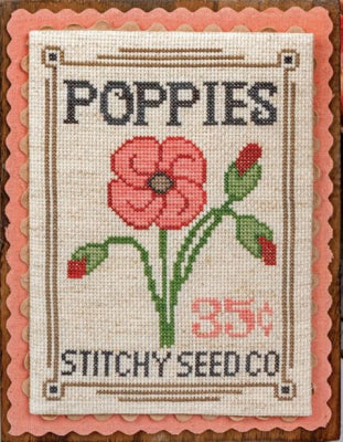Stitchery pattern for a poppy flower with text and price, featuring Stitchy Seed Co branding.