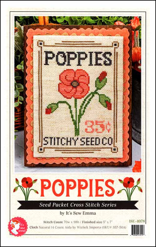 Cross stitch pattern for poppies with 'Stitchy Seed Co.' branding on a white background.