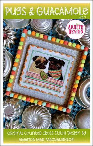 Cross-stitched design of two pugs in a colorful frame with 'Ardith Design' branding.