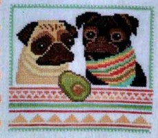 Two pugs wearing scarves with a heart on a cross-stitched background