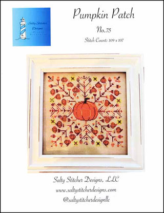 Cross-stitch pattern for a pumpkin with decorative elements on a white background, featuring Sally Stitcher Designs branding.
