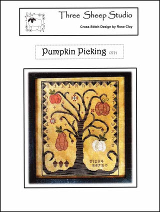 Cross stitch design by Three Sheep Studio titled 'Pumpkin Piecing' with a tree and pumpkins pattern.