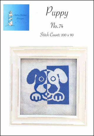 Cross-stitch pattern for a puppy design with stitch count on a white background
