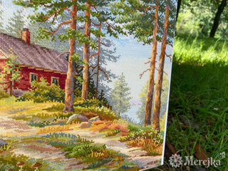 Red Cabin In The Woods Needlecraft Kit by Merejka - Premium Needlecraft Kit from Merejka - Just $83.70! Shop now at Crossed Hearts Needlework & Design