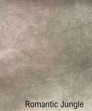 A close-up fabric texture swatch in a muted taupe-gray color with the text 'Romantic Jungle' printed at the bottom.