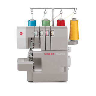 Singer heavy-duty sewing machine with colorful thread spools on a white background