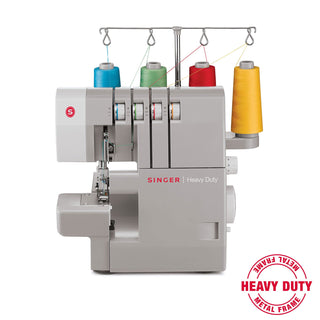 Singer heavy-duty sewing machine with colorful thread spools on a white background