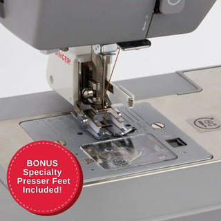 Sewing machine with a red circle highlighting 'Bonus Specialty Presser Feet Included!' text.