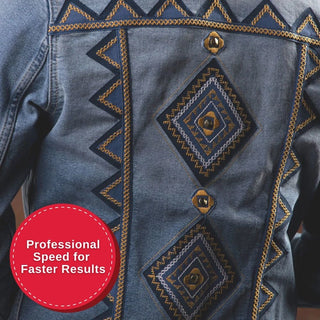 Denim jacket with intricate stitching and a red circular label on a gray background