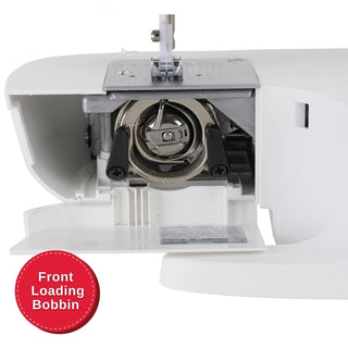 Sewing machine with front loading bobbin mechanism on a white background