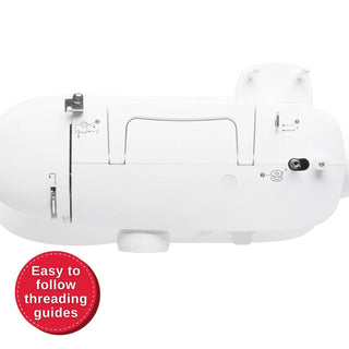 White sewing machine with threading guides and a red label on a white background