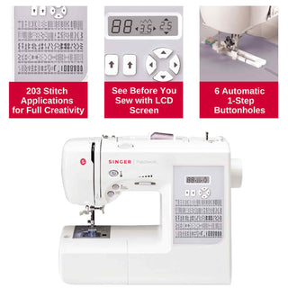 Singer sewing machine with features highlighted on a white background
