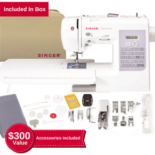 Singer sewing machine with accessories on a white background