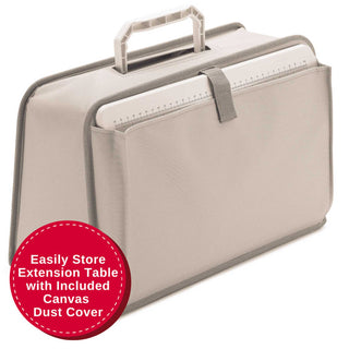 Beige carrying case with handle and extension table feature on a white background