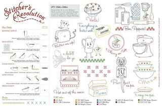 Stitcher's Revolution embroidery design with various kitchen-themed elements and text.