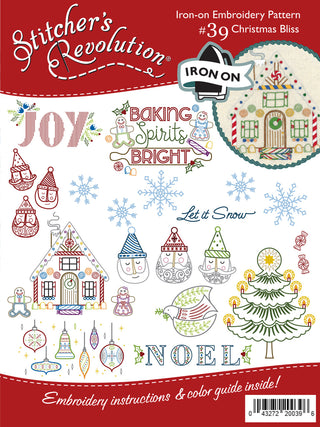 Iron-on embroidery pattern with Christmas-themed designs and text on a red background.