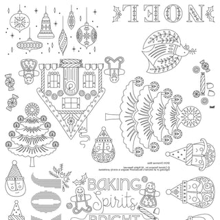 Coloring page with various Christmas-themed illustrations and text.