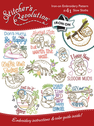 SR41 Slow Sloths Iron-On Embroidery Transfer Pattern |  Stitcher’s Revolution®