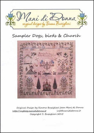 A cross stitch pattern chart for 'Sampler Dogs, Birds & Church' with a sample fabric swatch and the brand's logo.