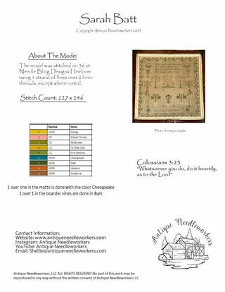 Design sheet for a needlepoint project with stitch count and color chart, featuring the brand 'Antique Needleworkers'.