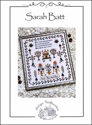 Cross-stitch pattern by Sarah Batt with decorative border on a white background