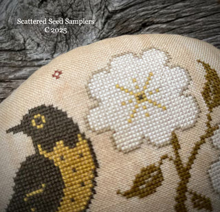 Close-up of a cross-stitch sampler showing part of a bird in dark brown and mustard yellow, a large white flower, and olive green leaves on a beige fabric background, with overlaid text reading 'Scattered Seed Samplers C 2025'.